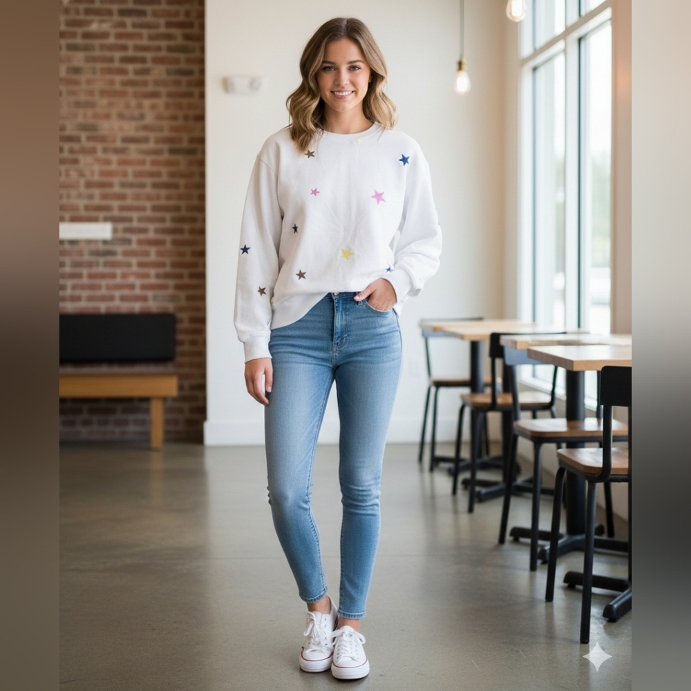 MONROW Allover Embroidered Star Print Boyfriend Sweatshirt from Revolve. Large.